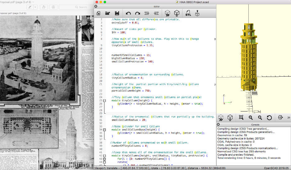 A plan of the city center next to an OpenSCAD (code) editor